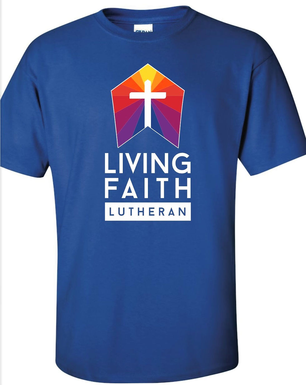 Image of a blue shirt with the Living Faith Lutheran logo on the front.