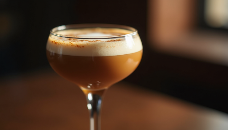 Close-up view of a coffee-infused cocktail with crema on top