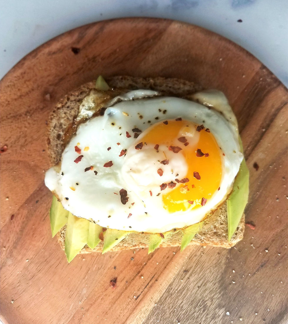 Avocado Toast: Sunny side egg on top of Sliced or Mashed Avocado on Toast
