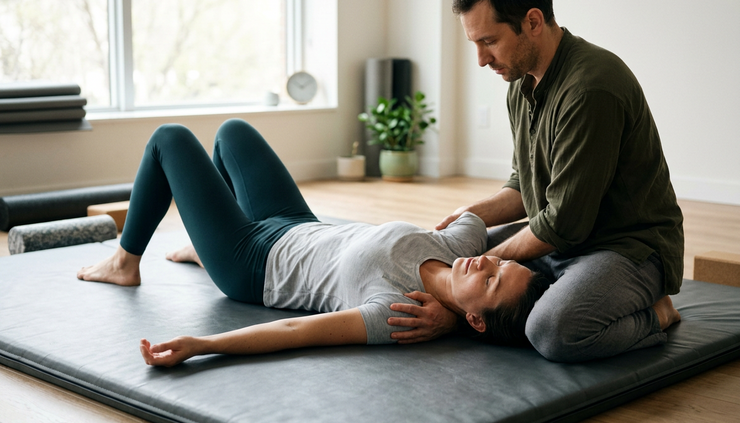 Eye-level view of a runner relaxing during a supported Thai massage shoulder and chest stretch