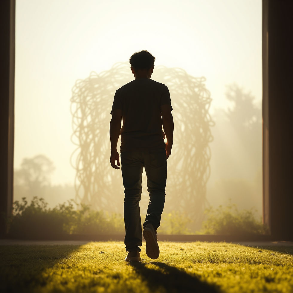 Man walking towards sunlight through a large doorway, casting a long shadow on the grass. A tangled sculpture and misty trees in background.
