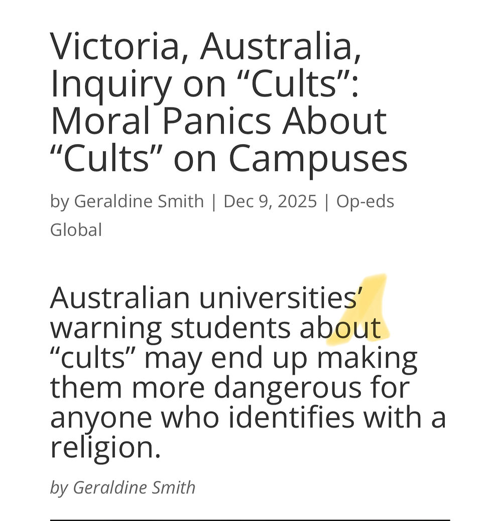 Title: Victoria, Australia, Inquiry on “Cults.” Article by Geraldine Smith dated Dec 9, 2025. Highlighted text on cults and religion.