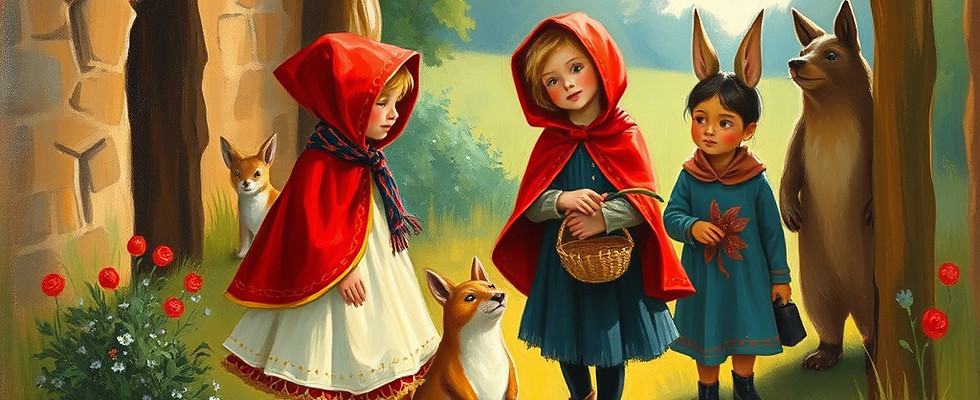 little red riding hood in a hall wit others. they look like a happy group