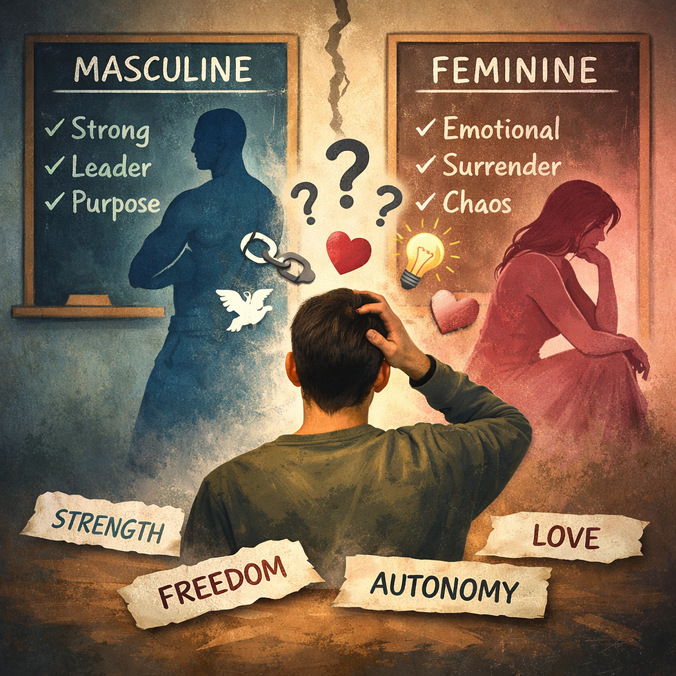 Man pondering in front of chalkboards labeled "Masculine" and "Feminine" with descriptors and symbols. Words: Strength, Freedom, Love.