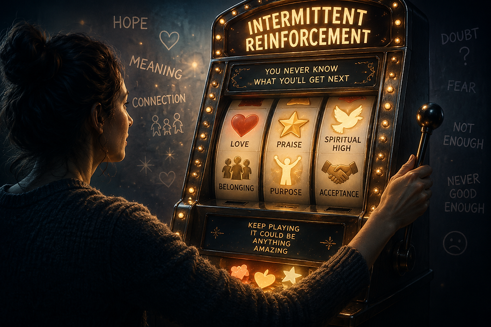 A person operates a slot machine labeled "Intermittent Reinforcement" with words like "Love" and "Purpose." Background text: "Hope," "Fear."