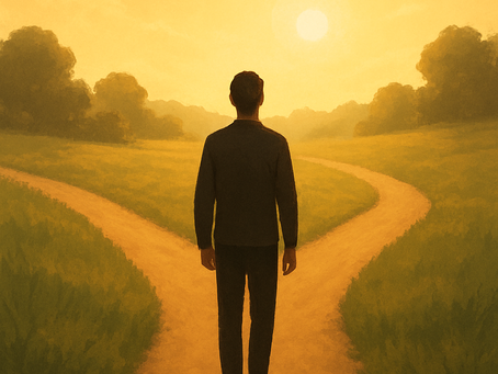 A person stands at a forked path in a sunlit field, facing a glowing sunset. Green grass and distant trees create a serene atmosphere.