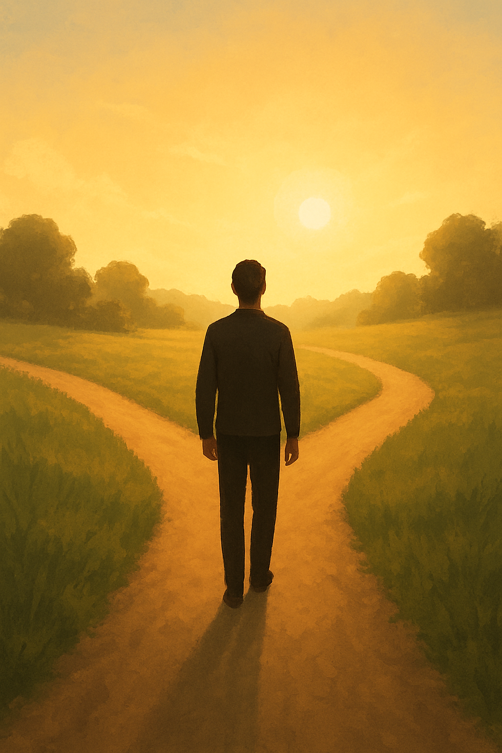 A person stands at a forked path in a sunlit field, facing a glowing sunset. Green grass and distant trees create a serene atmosphere.
