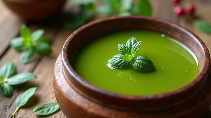 Close-up view of a vibrant green herbal concoction in a traditional Ayurvedic bowl