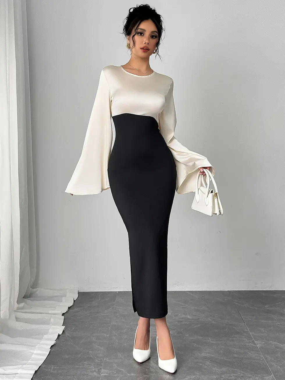 Miniatura: Women Maxi Dress Bell Sleeve Color Block Satin Bodycon Casual Dresses Elegant