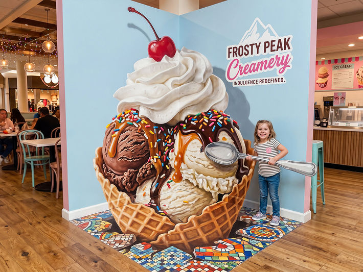An interactive 3D interior branding installation created by Brandspace3D inside an ice cream parlor for Frosty Peak Creamery, featuring a giant optical illusion of a sundae in a waffle bowl with a child posing next to it.