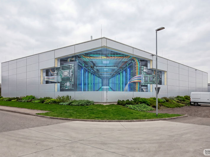 A massive 3D building wrap designed by Brandspace3D on a silver industrial facility, creating a realistic optical illusion of a cutaway wall that reveals a high-tech server room data center with glowing blue and green racks, circuit boards, and multicolored wiring.