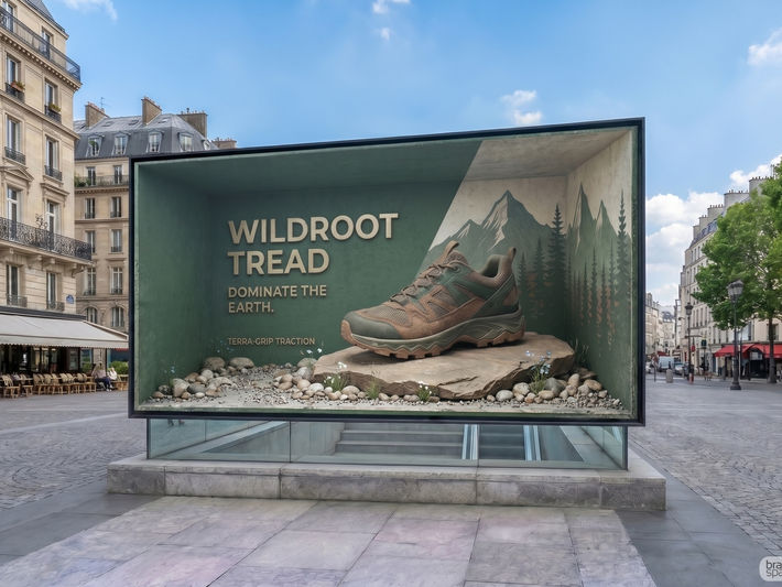 Hyper-realistic anamorphic 3D street billboard mockup by Brandspace3D displaying a CGI hiking shoe exhibit for 'Wildroot Tread' on a European plaza, showcasing advanced digital twin Out-of-Home (OOH) advertising.