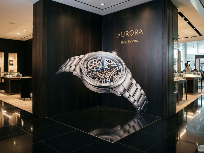 A luxury retail store corner featuring a large 3D optical illusion display by Brandspace3D for Aurora watches, showcasing a giant, hyper-realistic skeleton watch that appears to float effortlessly off the dark wood-paneled walls.