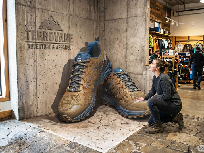 An interactive 3D retail display designed by Brandspace3D inside an outdoor apparel store for Terrovane, featuring giant, hyper-realistic hiking shoes that look three-dimensional against a concrete wall while a customer kneels beside them.