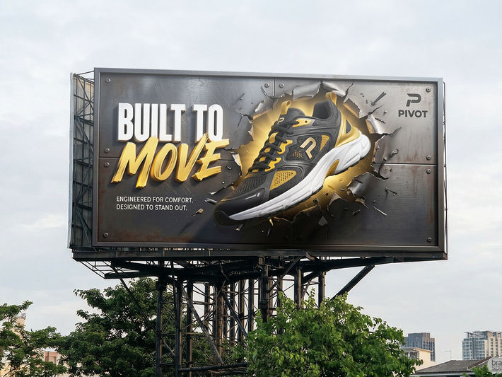 High-impact outdoor billboard mockup by Brandspace3D featuring a 3D sneaker advertisement for PIVOT, where a black and gold shoe bursts through a metallic canvas, demonstrating creative CGI Out-of-Home (OOH) digital twin integration.