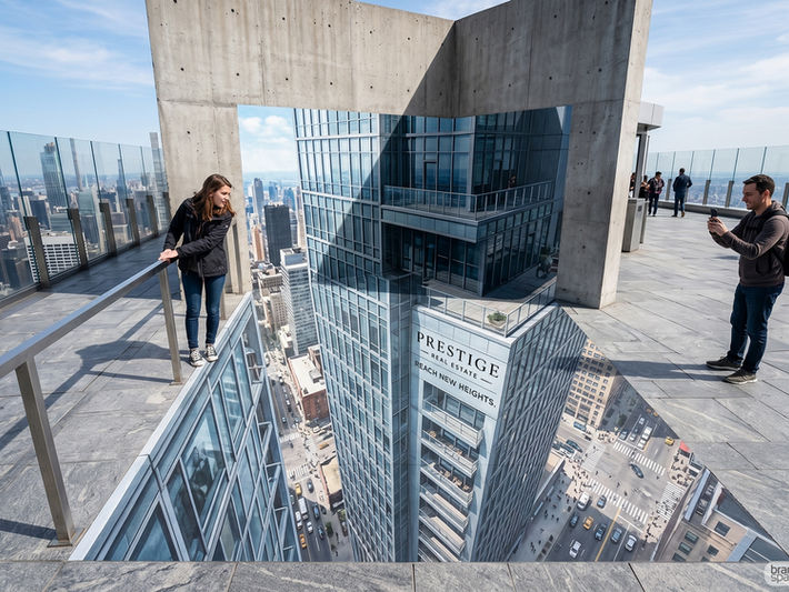 An interactive outdoor 3D space branding installation created by Brandspace3D on a high-rise observation deck for Prestige Real Estate, featuring a dizzying optical illusion on the floor and concrete pillar that makes it look like a sheer drop down into a city street below.