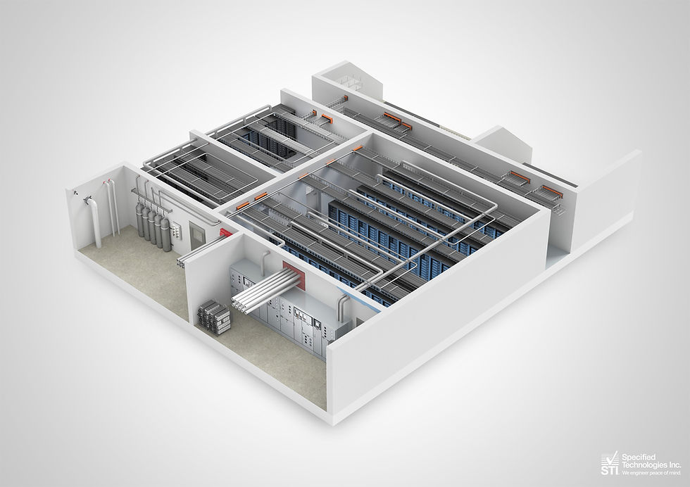 3D cutaway of a data center with server racks, cable trays, pipes, and utility rooms; STI Specified Technologies Inc. logo at bottom right.