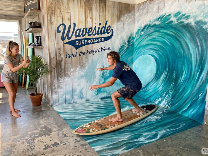 An interactive 3D space branding installation by Brandspace3D inside a surf shop for "Waveside Surfboards", showing a man posing on a surfboard over a realistic optical illusion of a giant ocean wave painted across the wall and floor while a woman takes a photo.