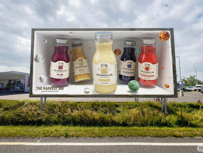 Anamorphic 3D roadside billboard mockup by Brandspace3D displaying five glass juice bottles for 'The Harvest Jar' with floating marbles, showcasing a hyper-realistic digital twin for experiential Out-of-Home (OOH) advertising.