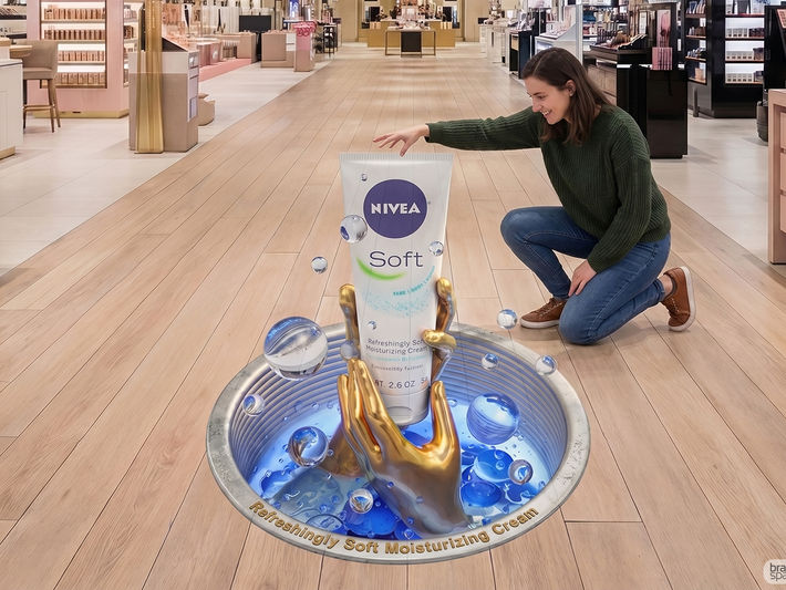 A realistic 3D floor advertisement designed by Brandspace3D in a retail store aisle, depicting a circular glowing pit in the wooden floor where golden hands hold a giant tube of NIVEA Soft cream surrounded by floating water bubbles, while a woman crouches down to interact with it.