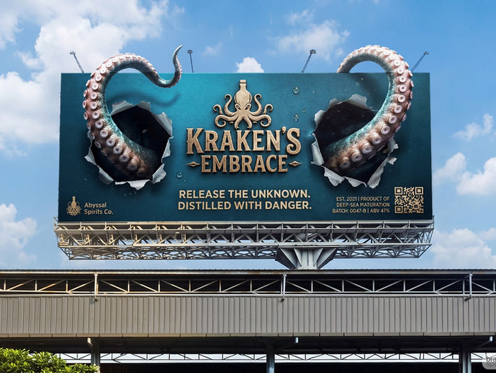 Creative outdoor billboard mockup by Brandspace3D featuring a 3D beverage advertisement for Kraken's Embrace, where giant CGI tentacles tear through the canvas frame, demonstrating immersive Out-of-Home (OOH) digital twin design.