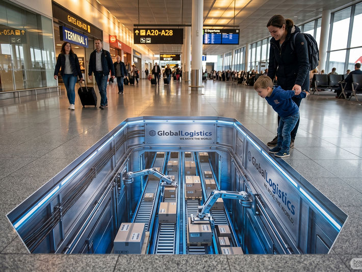 An interactive 3D floor branding installation created by Brandspace3D inside a busy airport terminal for Global Logistics, featuring a realistic optical illusion that makes the floor look like a deep opening into a futuristic automated sorting facility with conveyor belts while a mother and child look inside.