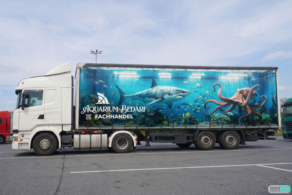 Creative truck vehicle wrap mockup by Brandspace3D displaying an underwater aquarium advertisement with a shark and octopus, showcasing realistic CGI transit wrap design for mobile Out-of-Home (OOH) marketing.