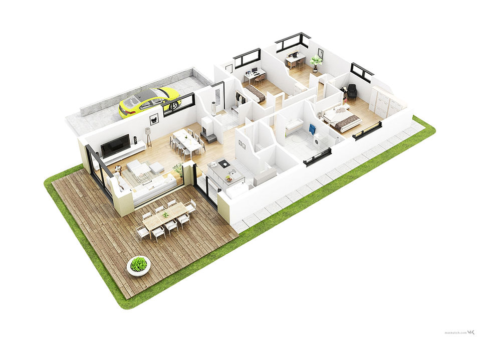 3D Architectural Visualization and 3D Floor Plan of a Bungalow House by Max Kulich