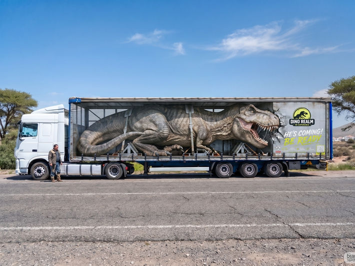 A photorealistic 3D vehicle wrap by Brandspace3D on a semi-truck trailer for "Dino Realm VR Experience." The optical illusion shows a massive T-Rex strapped inside a metal cage container, with its head bursting out of the side panel. The text reads "HE'S COMING! BE READY."