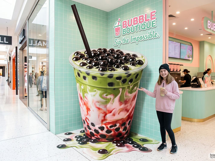 An interactive 3D space branding installation created by Brandspace3D at a shopping mall storefront for Bubble Boutique, showcasing a giant optical illusion of a colorful bubble tea cup that appears to pop out of a mint green tiled corner wall while a girl poses next to it.