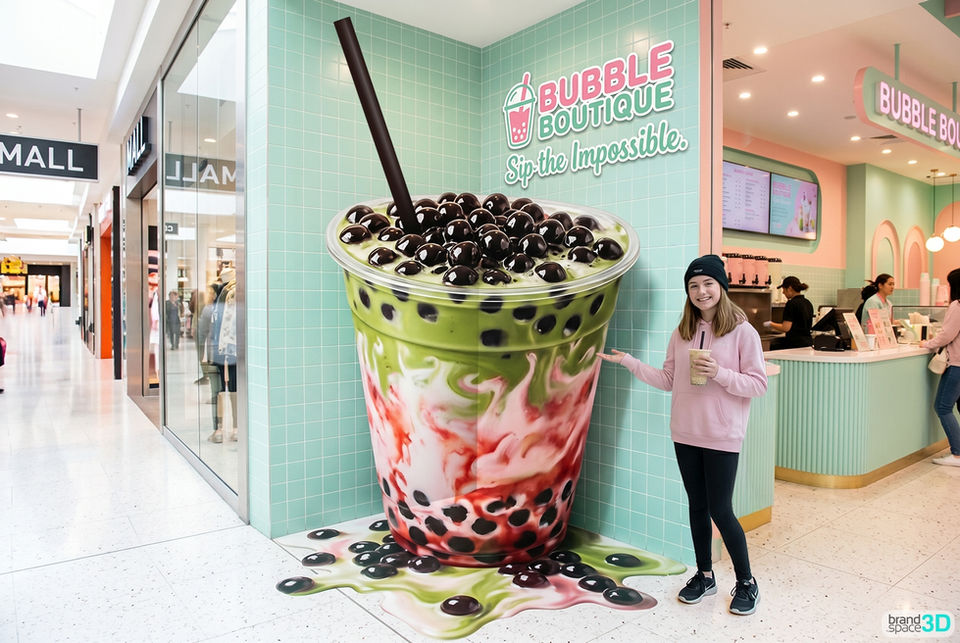 An interactive 3D space branding installation created by Brandspace3D at a shopping mall storefront for Bubble Boutique, showcasing a giant optical illusion of a colorful bubble tea cup that appears to pop out of a mint green tiled corner wall while a girl poses next to it.