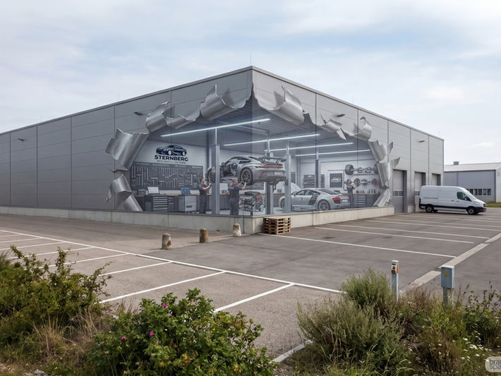 A massive 3D building wrap designed by Brandspace3D on a grey industrial facility, creating a realistic optical illusion of a torn metal wall that reveals a busy 'Sternberg' auto repair shop inside with mechanics, tool racks, and sports cars.