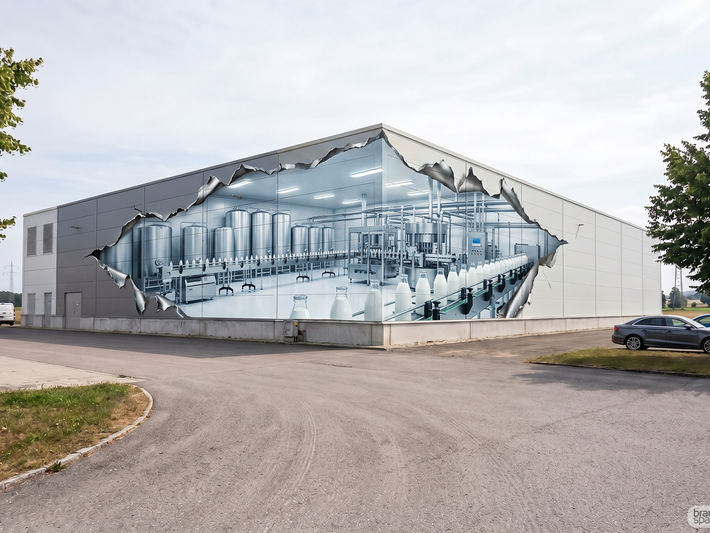 A massive 3D building wrap designed by Brandspace3D on an industrial facility, creating a realistic optical illusion of a torn metal wall that reveals a clean dairy production line with stainless steel tanks and conveyor belts full of milk bottles.