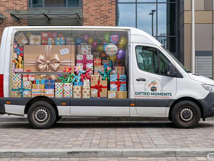 A white Mercedes-Benz delivery van featuring a realistic 3D optical illusion wrap for "Gifted Moments", showcasing an open, transparent view into the back filled with numerous colorful gift boxes, birthday balloons, and festive party decorations.
