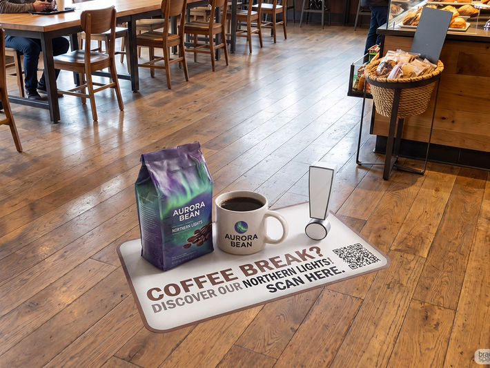 A realistic 3D floor advertisement designed by Brandspace3D on a cafe's wooden floor, showing a giant bag of Aurora Bean coffee, a branded coffee mug, a 3D exclamation point, and a scannable QR code alongside text reading "COFFEE BREAK? SCAN HERE."
