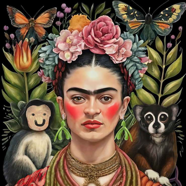 Zel[portret van Frida Kahlo met bloemen in het haar , een aapje en wasbeer en Klittebellen
