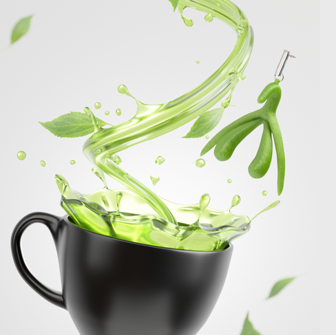 Vanuit een zwarte kop verschijnt een swirl en mintblaadjes en een Klittebel in appelgroen