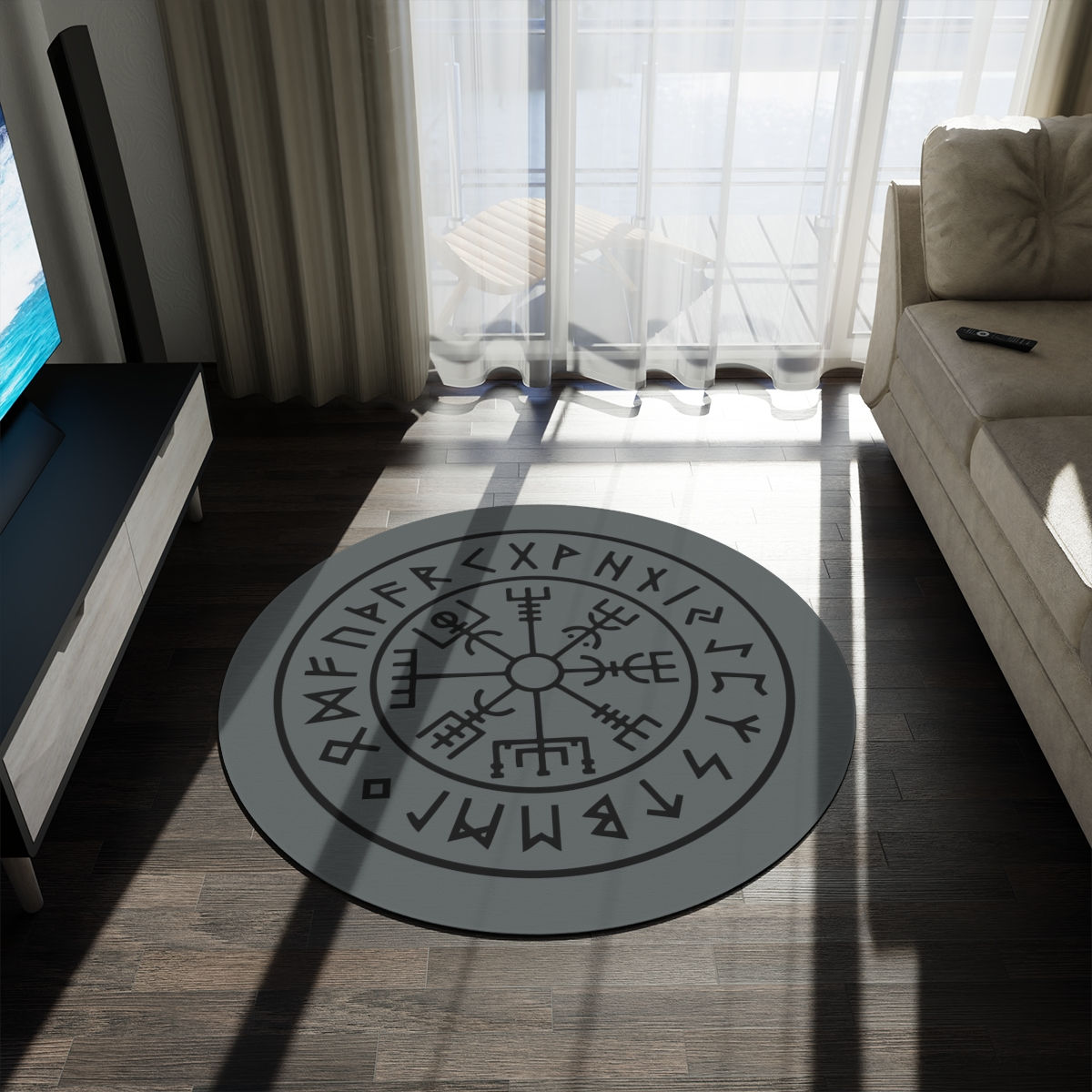 Tapis rond avec le symbole scandinave Viking du Vegvisir et runes Furthark 