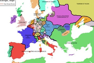 Mapa da Europa em meados do século XVII, tal como resultou do conjunto de tratados designados por Paz de Vestefália.