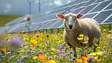 Ein glückliches Schaf grast auf einer grünen Wiese, während im Hintergrund ein Solarpark von SKYWORKER zu sehen ist. Die Szene verkörpert die perfekte Harmonie zwischen Natur und nachhaltiger Technologie, wobei SKYWORKER saubere Energie liefert, ohne die natürliche Umgebung zu beeinträchtigen.