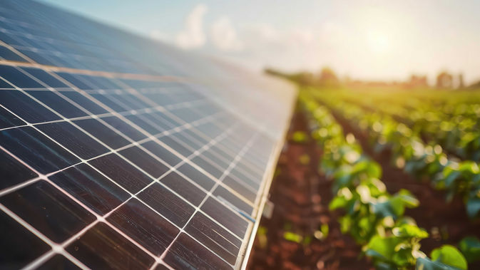 Solarpark auf einem landwirtschaftlichen Feld im Sonnenaufgang.