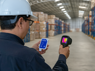 Profesional realizando un mapeo térmico en una bodega industrial con un registrador de temperatura LogTag y una cámara termográfica, evaluando las condiciones de temperatura y humedad para asegurar el adecuado control ambiental y la integridad de los productos almacenados en la cadena de frío.