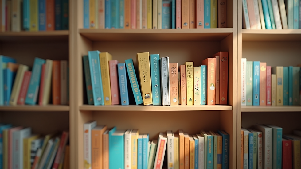 High angle view of a child’s bookshelf filled with colorful storybooks