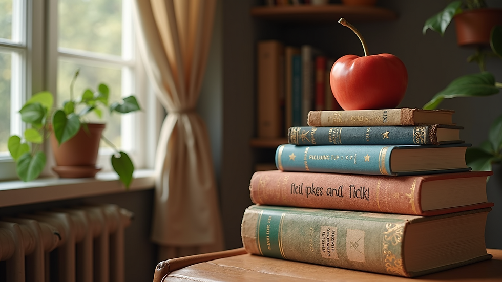 High angle view of a cozy reading nook with children’s books stacked neatly