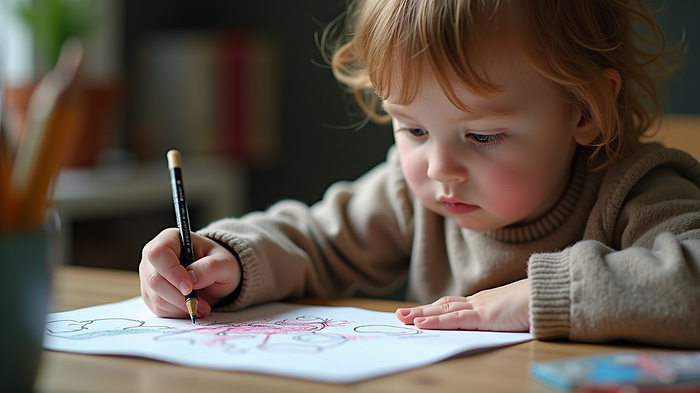 Close-up view of a child drawing a picture inspired by a story