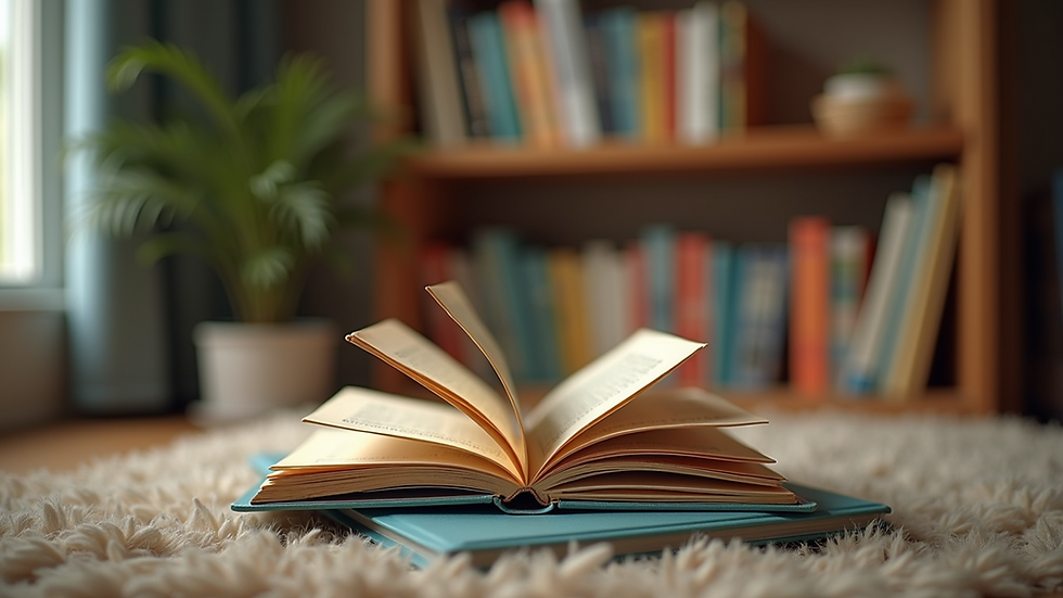 Eye-level view of a cozy reading nook with colorful storybooks