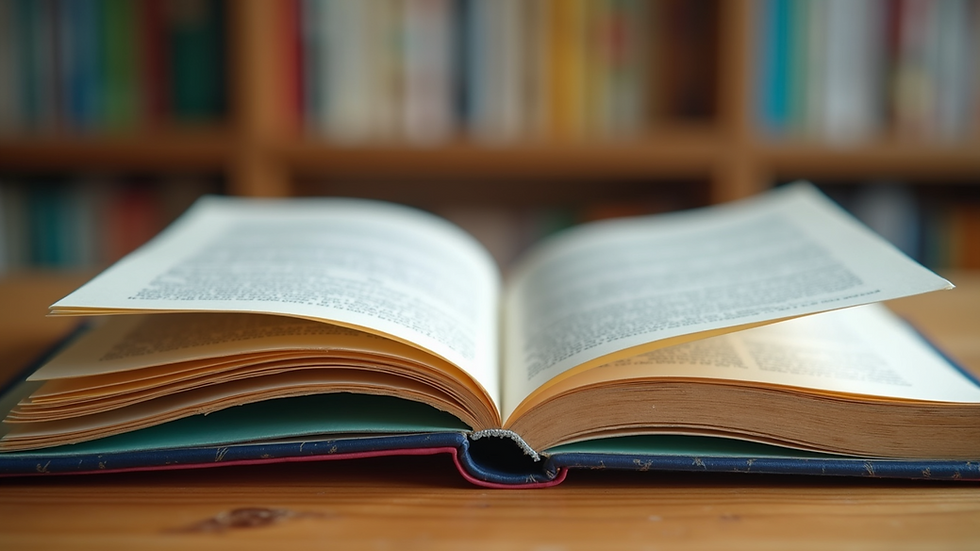 Eye-level view of a colorful children's book open on a wooden table