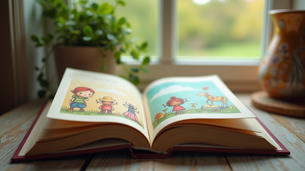 Close-up view of an open storybook with colorful illustrations