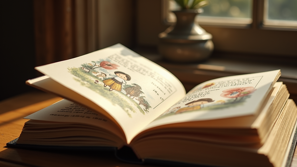 Close-up view of an open storybook with illustrated characters