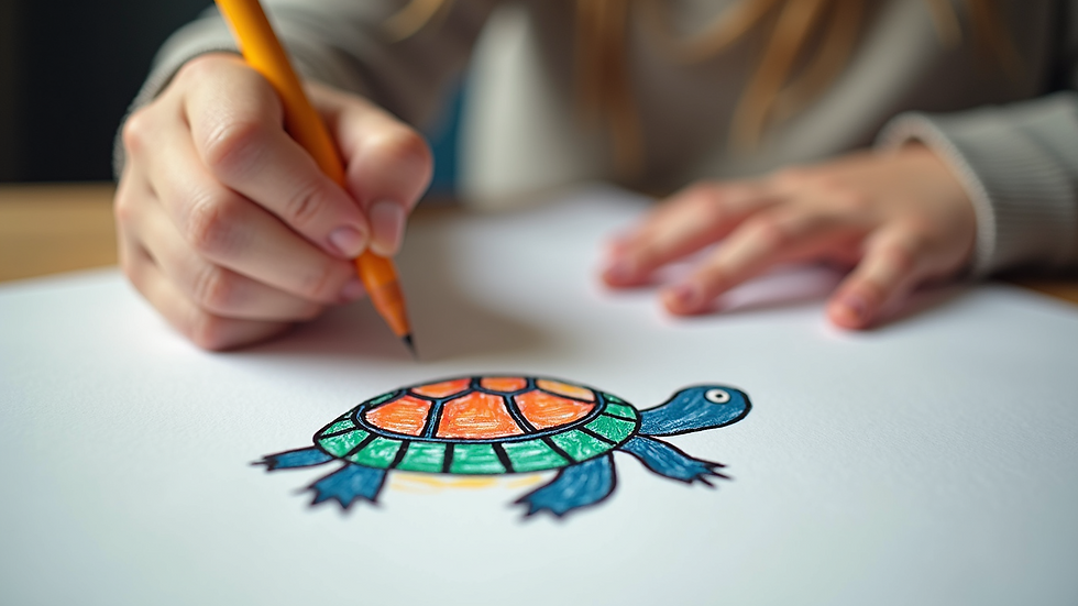 Close-up view of a child’s hand drawing a colorful tortoise on paper